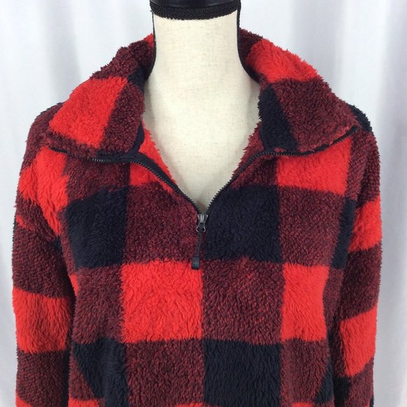 Eddie Bauer 1/4 Zip Fleece Pullover Womens Size Large Buffalo Plaid Red Black - Picture 6 of 9